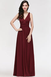 Burgundy Long V-Neck Sleeveless Chiffon Bridesmaid Dresses